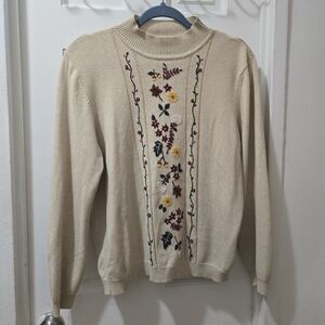 Alfred Dunner Vintage Floral Knit Sweater • Tan/Beige • Medium • Cozy Autumn